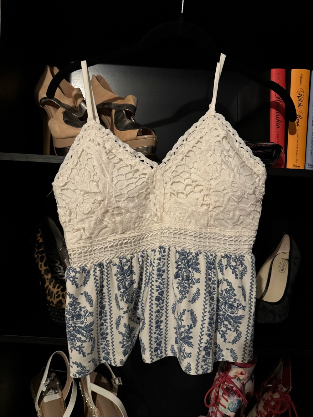 Derek Heart Cream Lace & Blue Floral Peplum Cami